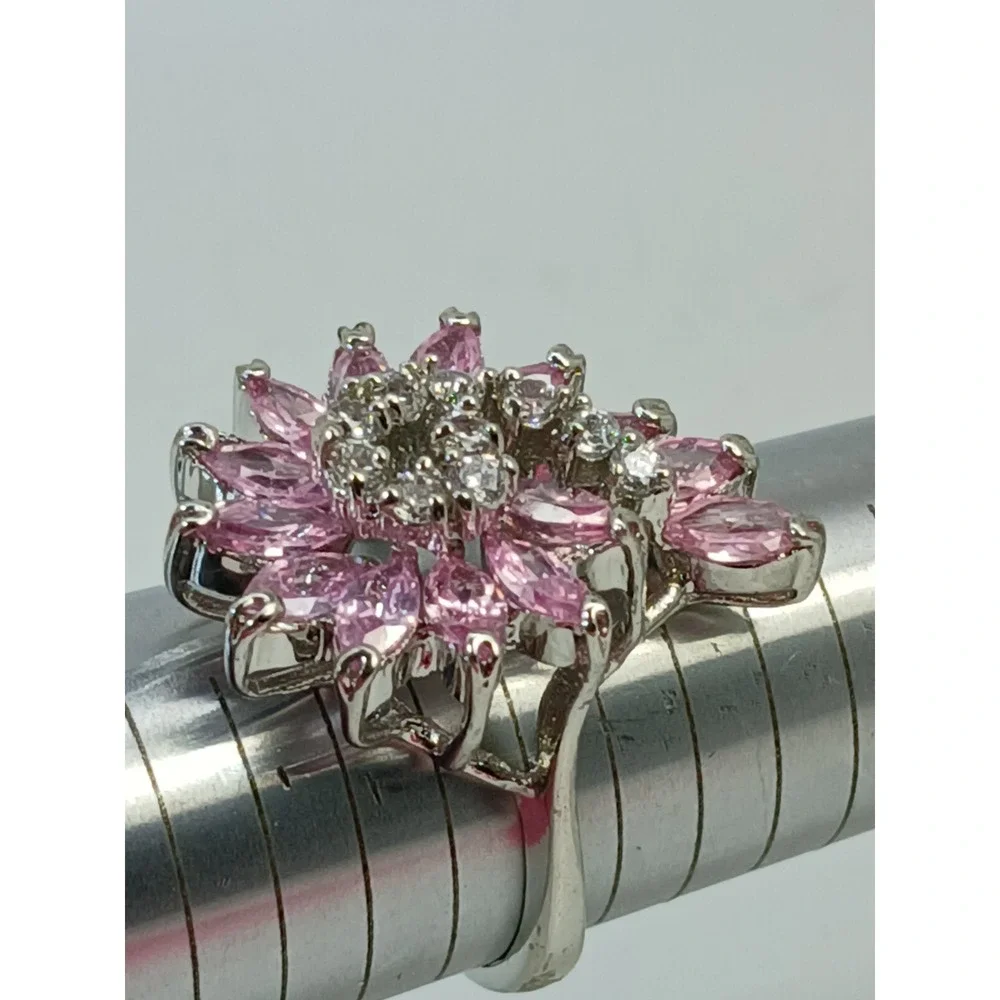 Vintage 1990s Pink Marquise Floral Swirl Cocktail Ring Silver Statement Size 8.5